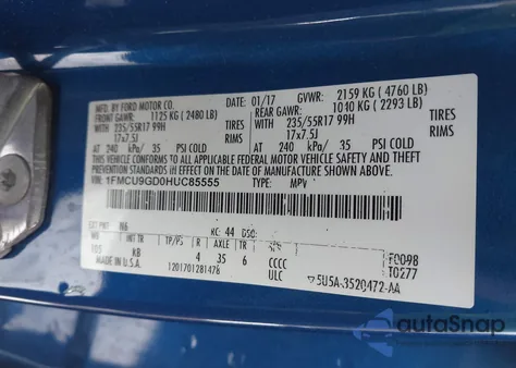 2017 Ford Escape Se z USA, uszkodzony, nr VIN 1FMCU9GD0HUC85555